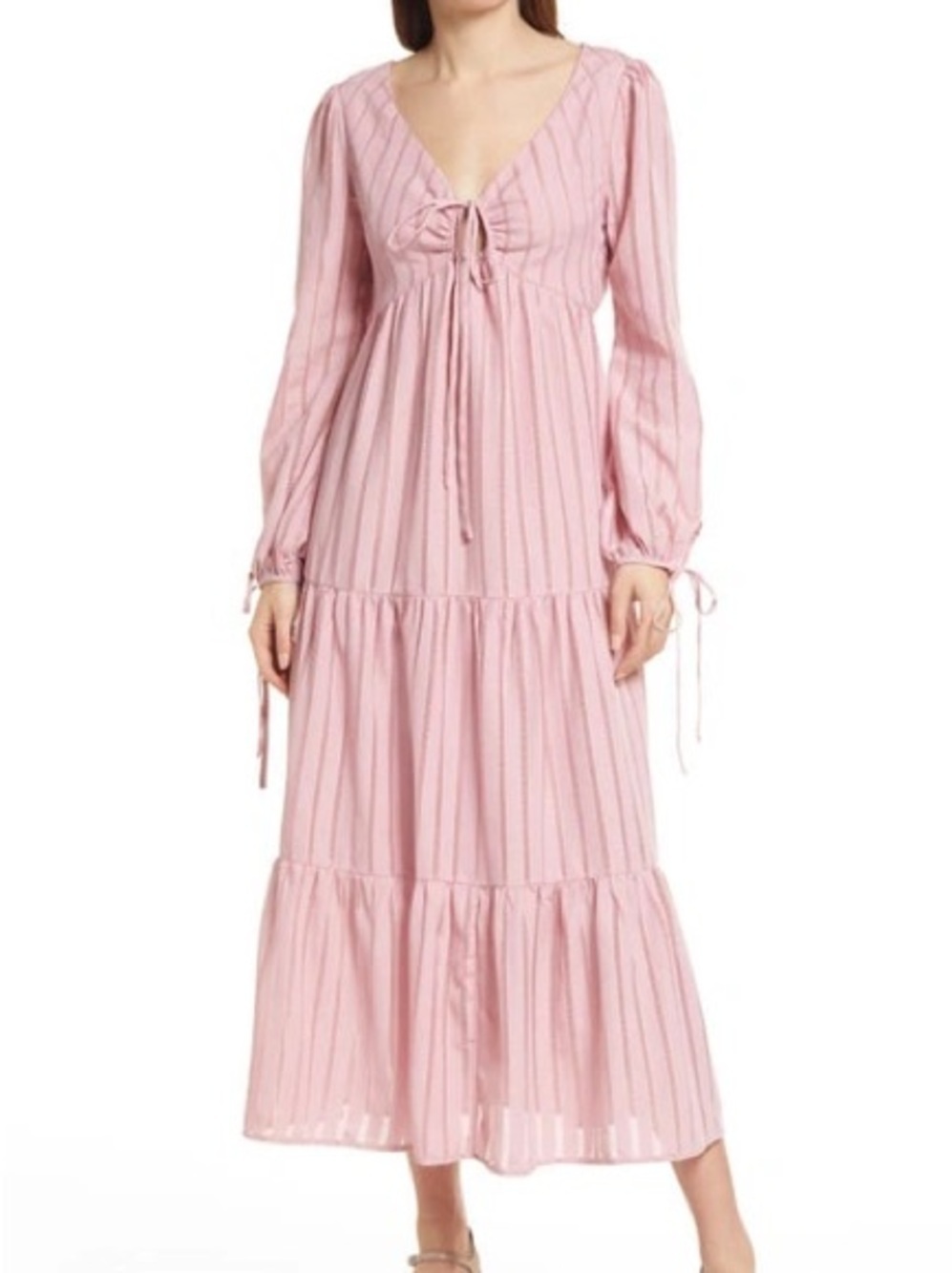 Charles Henry Blush Tiered Maxi Dress XS Long Sleeve Eyelet Stripe Boho Romantic